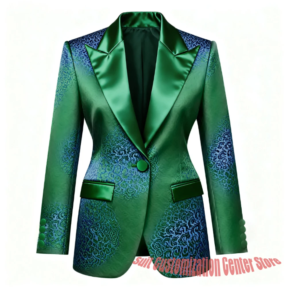 

Элегантный женский зеленый атласный костюм, пиджак с остроконечными лацканами + брюки, комплект с синим цветочным узором, роскошный торжественный наряд для особых мероприятий