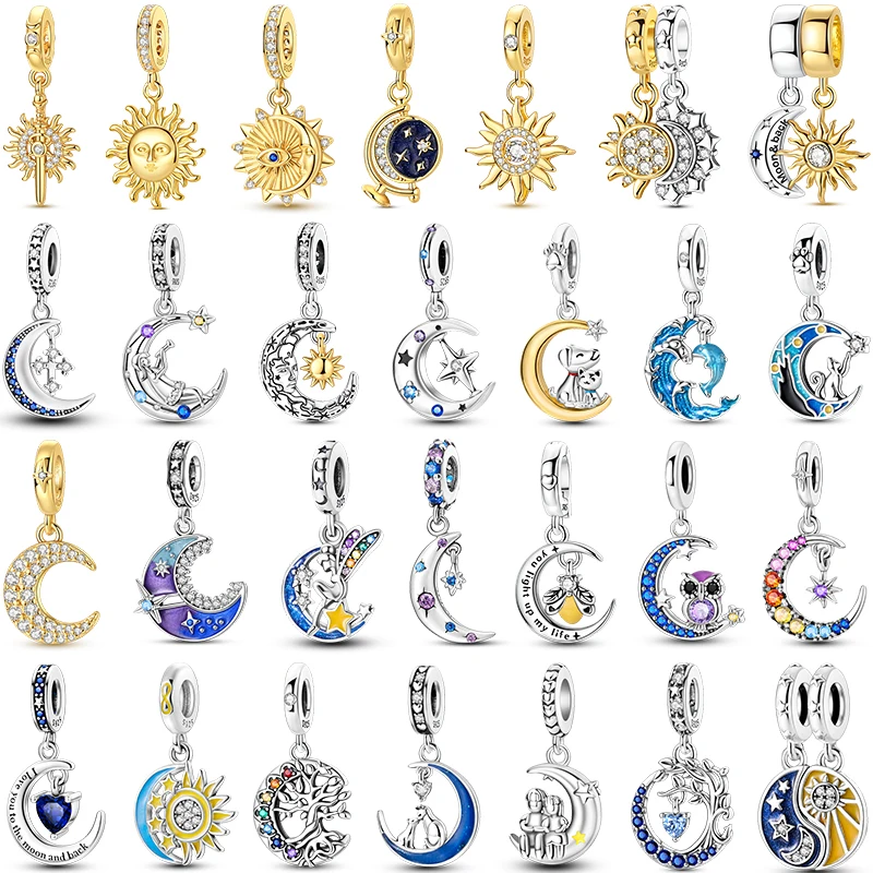 Pingente de Prata Esterlina 925 com Berloques de Lua, Sol e Estrela, e Apanhador de Sonhos, Compatível com Pulseiras e Colares DIY Originais, Presente de Aniversário para Mulheres