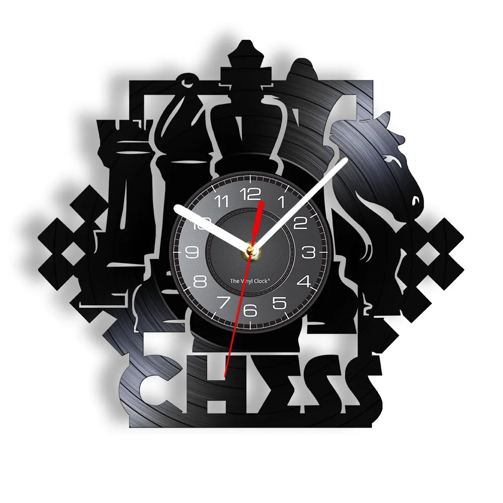 

Chess Game Wall Art Wall Clock Chessboard Black Pieces Strategy Player Club Chess Master Vinyl Record Clock Chess Lovers Gift