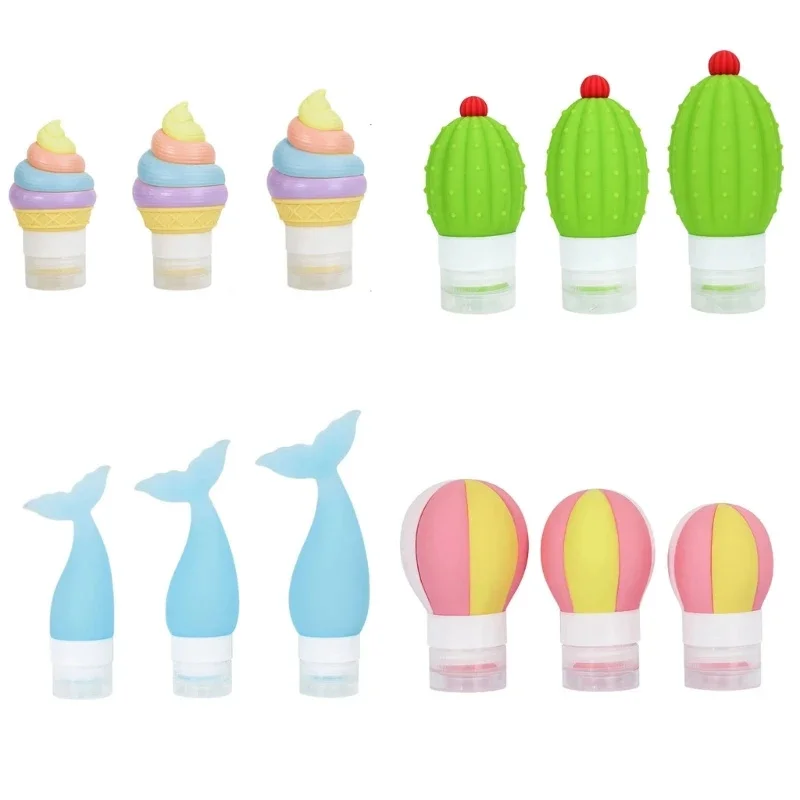 5 Pcs 50/70/100ml Portable Silicone Empty Soap Dispenser Cartoon Ice Cream Cactus Shape Refillable Liquid Storage Organizer