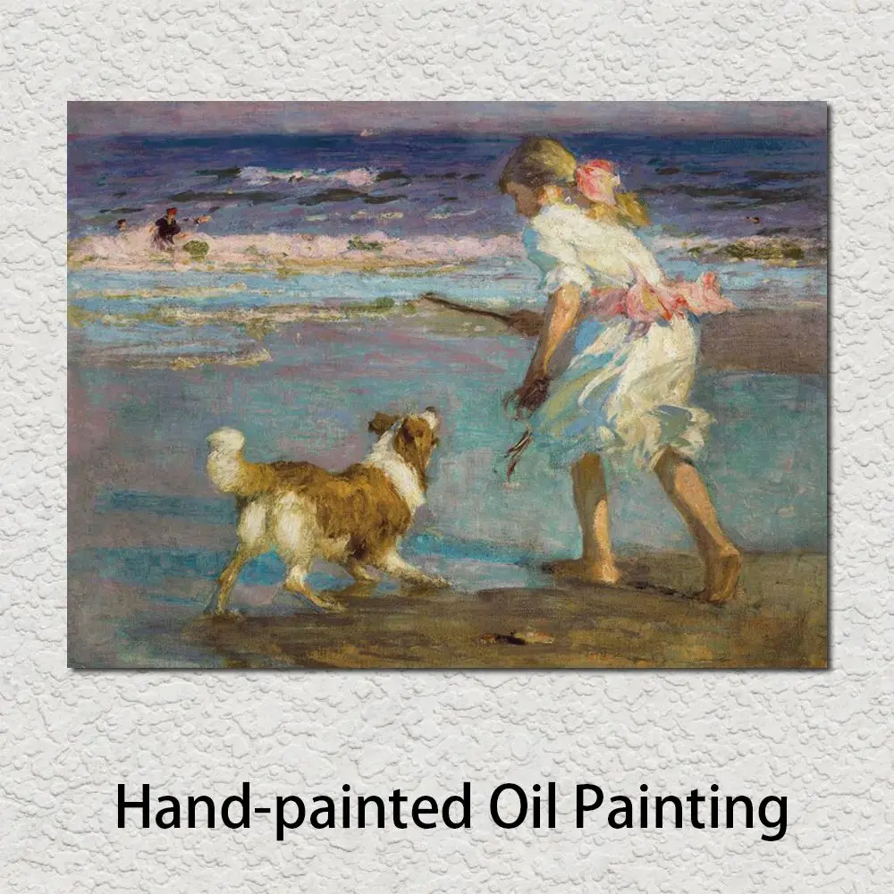 Beach Painting Seascape Canvas Art Children Playing in the Surf Handmade Edward Henry Potthast Artwork Modern Living Room Decor