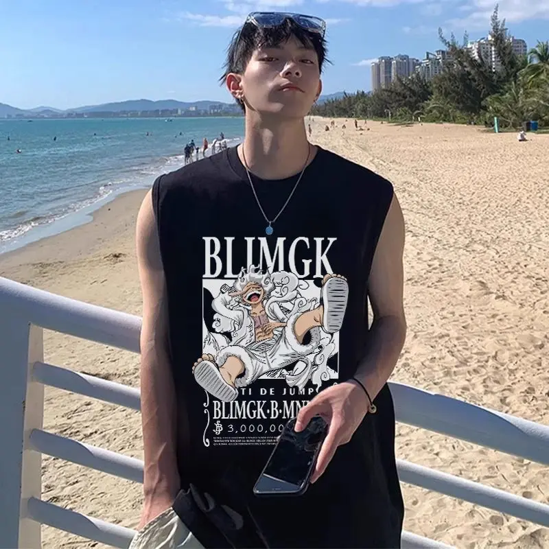 

New One Piece Cartoon Anime Nika Luffy Printed Waistcoat Vest Creative Peripheral Summer Loose Casual Sleeveless T-Shirt Gift