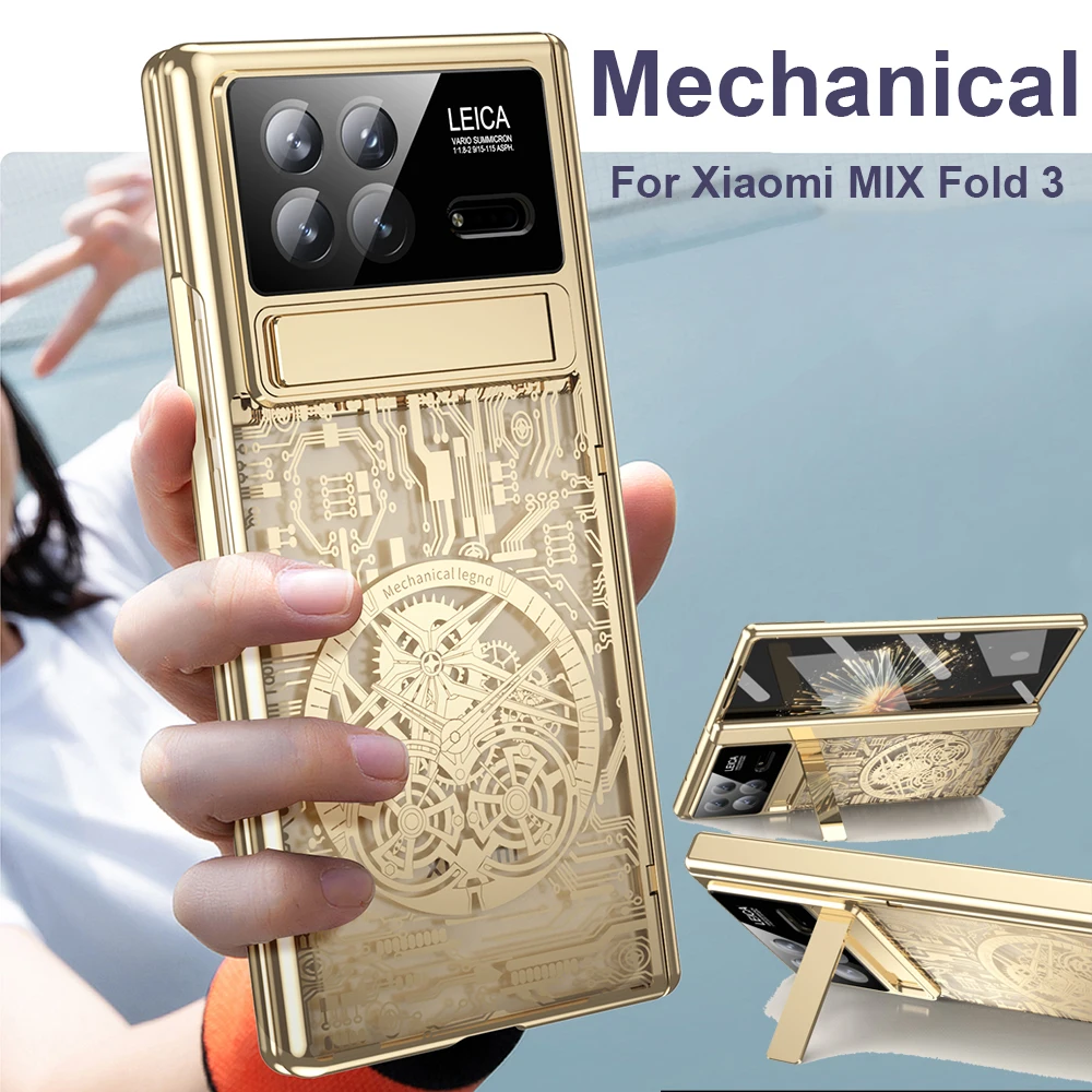 For Xiaomi MIX Fold 4 3 Case Hinge Mechanical Plating Transparent 360 Full Screen Protector Cover For MIX Fold 3 Case Kickstand