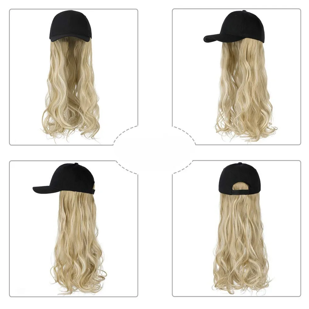 One piece female big wave long curly hair chemical fibre hat wig baseball cap wig hat duck tongue cap 20 inch 27T613 Brown Black