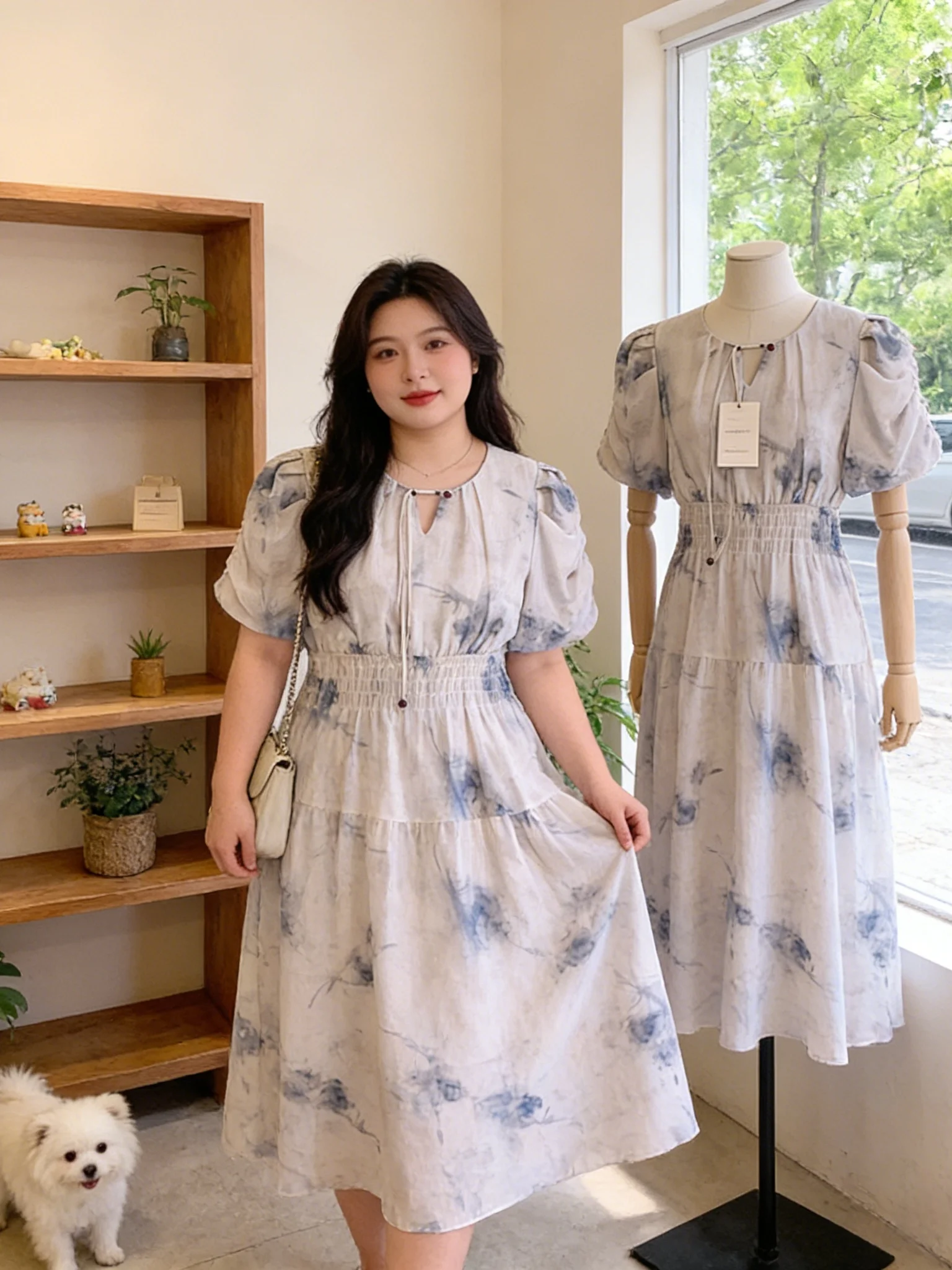 

plus Size Summer New Floral Print Bubble Sleeve High Waist Slimming Long Dress Women's Fashionable A-Line Skirt Style Dress