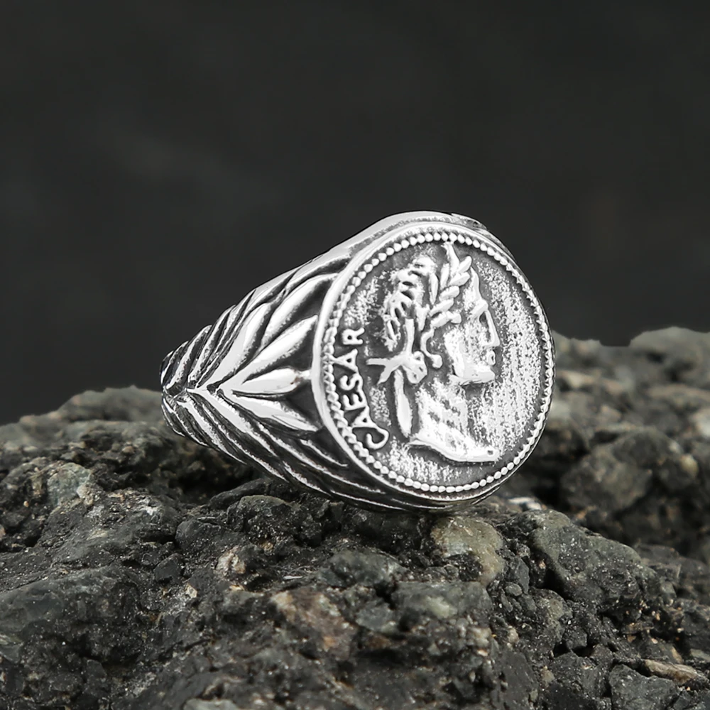 Vintage Roman Empire Caesar Rings For Men Stainless Steel Silver/Gold Color Coin Caesar Head Signet Mens Rings Fashion Jewelry