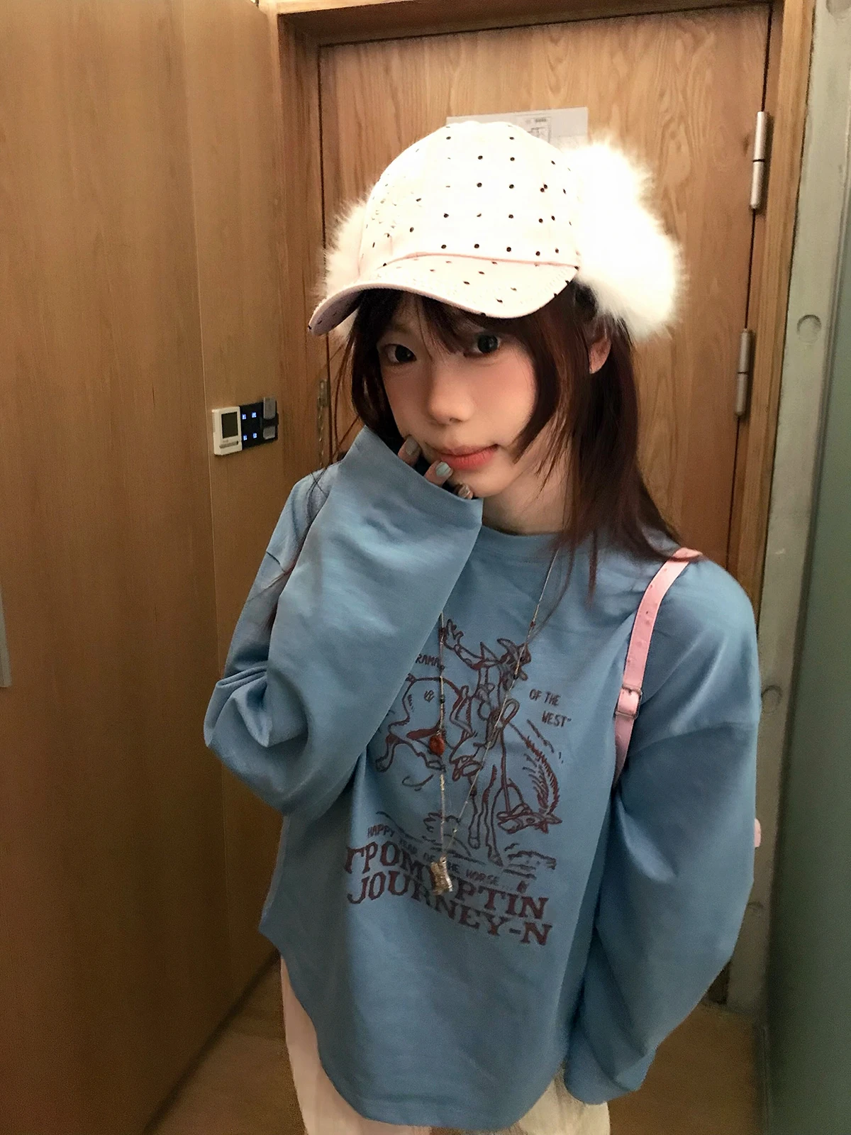 Sakura Model Retro  Riding Print Long Sleeve round Neck T-Shirt Women's Loose Casual Top Comfortable Cotton Spring Fashion