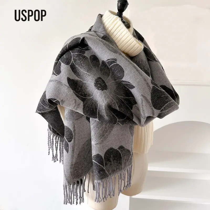 USPOP Large Wide Thick Cashmere-Feel Double-Sided Scarf Shawl with Tassels for Women Autumn Winter Elegant Neck Warmer Wrap