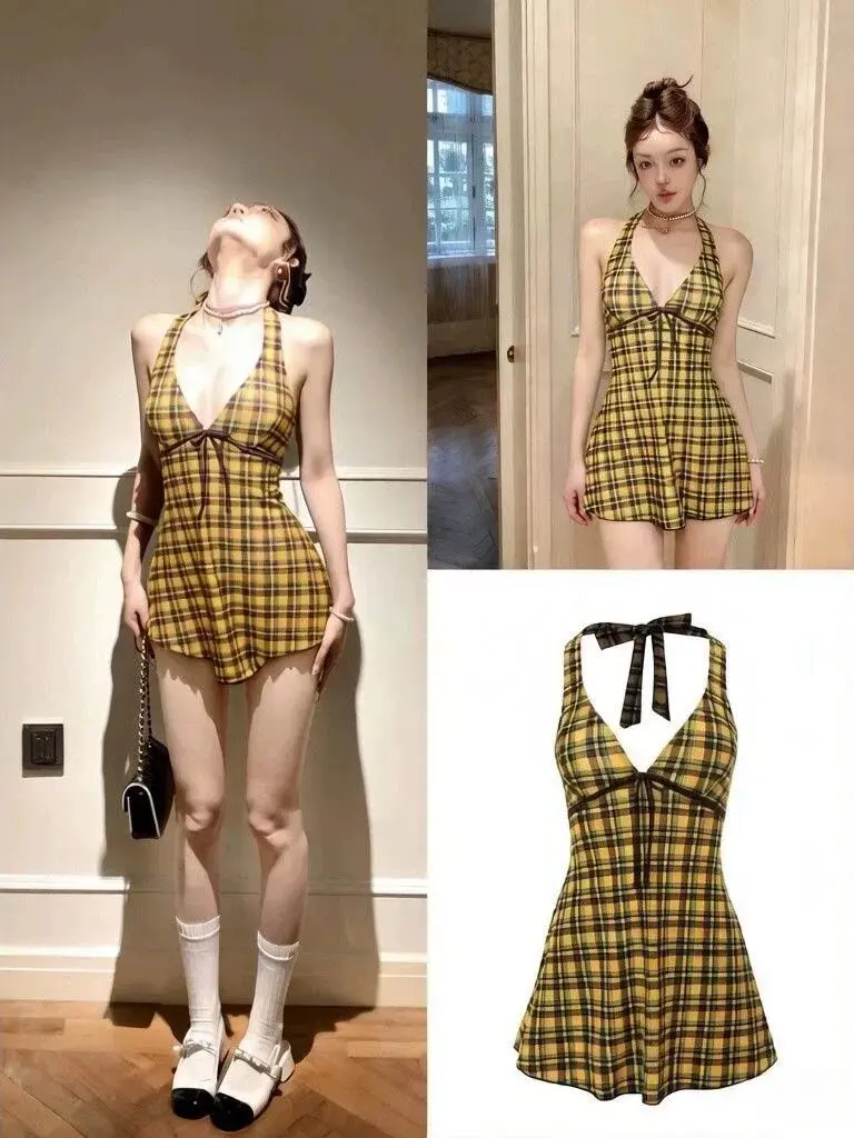 

Yellow Plaid 2026 New Women's Two-Piece Dress Style Slimming Belly Covering Hot Spring Vacation High-End Feeling Swimsuit
