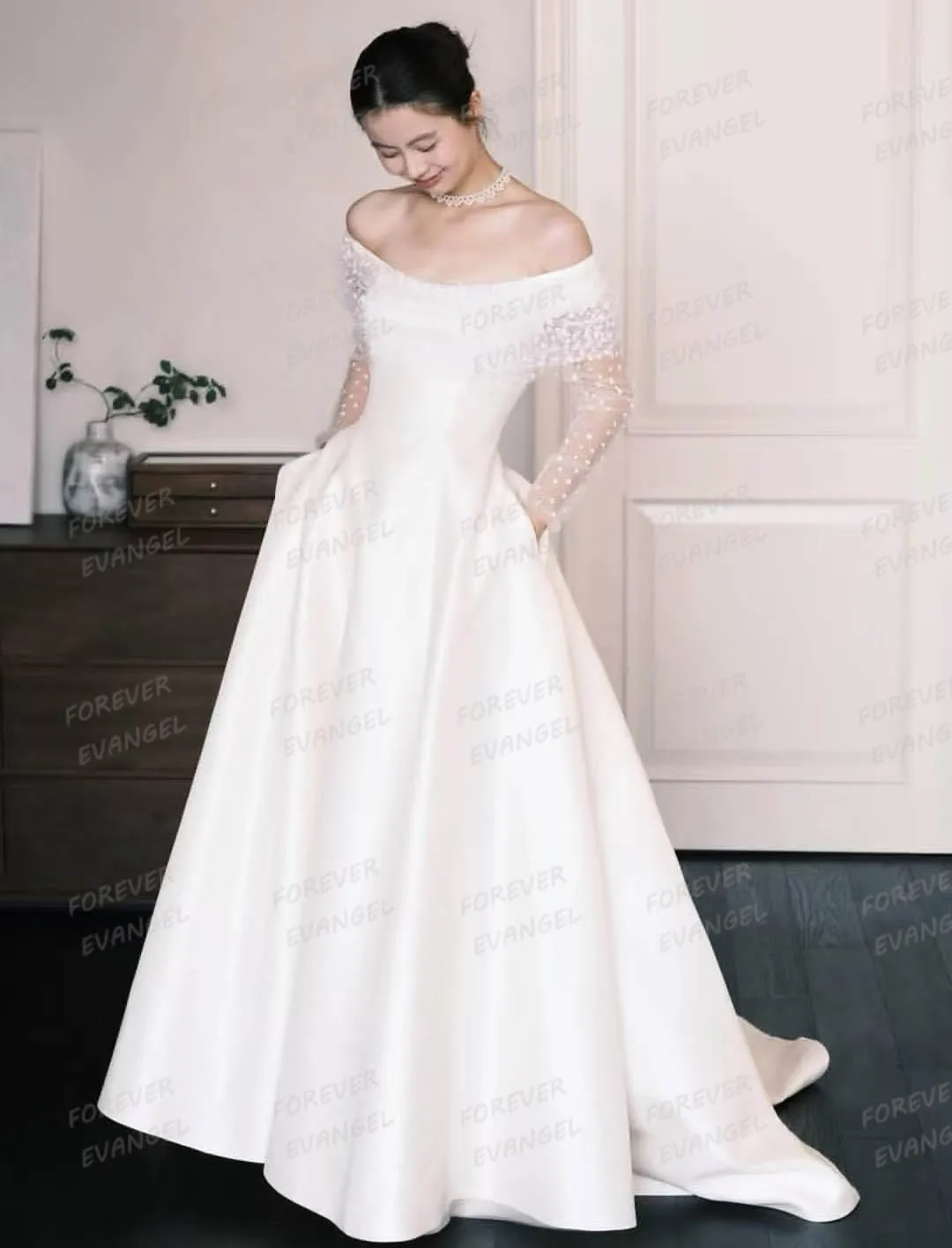 فساتين زفاف بسيطة للمرأة على شكل حرف A بدون أكتاف فساتين العروس رسمية من الساتان بأكمام طويلة رسمية 2026 مخصصة فيستدوس دي نوفيا #1