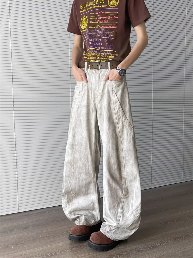 

White Washed Loose Fit Wide Leg Jeans Men's American High Street Vibe Dirt Dyed Curved Blade Jeans Casual Straight Tube Jeans