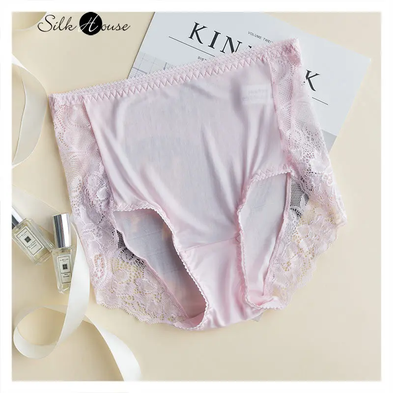 Mulberry Silk Women\'s Sexy Silk Briefs Lace Underpants Hip Wrap Breathable Medium Waist Flat Pants Lingerie Cute  Panties