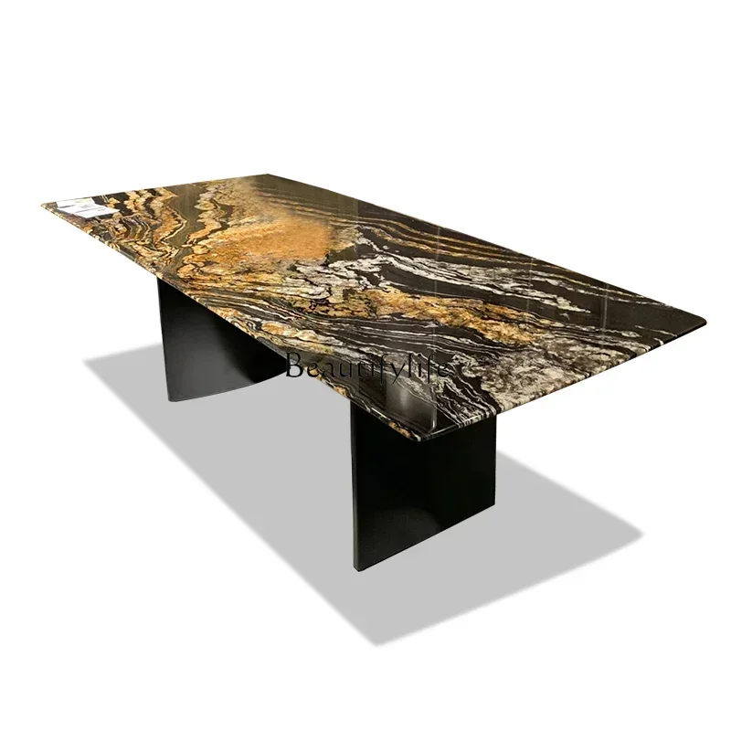 Cosmic gold natural luxury stone dining table high sense gold silk marble rectangular dining table