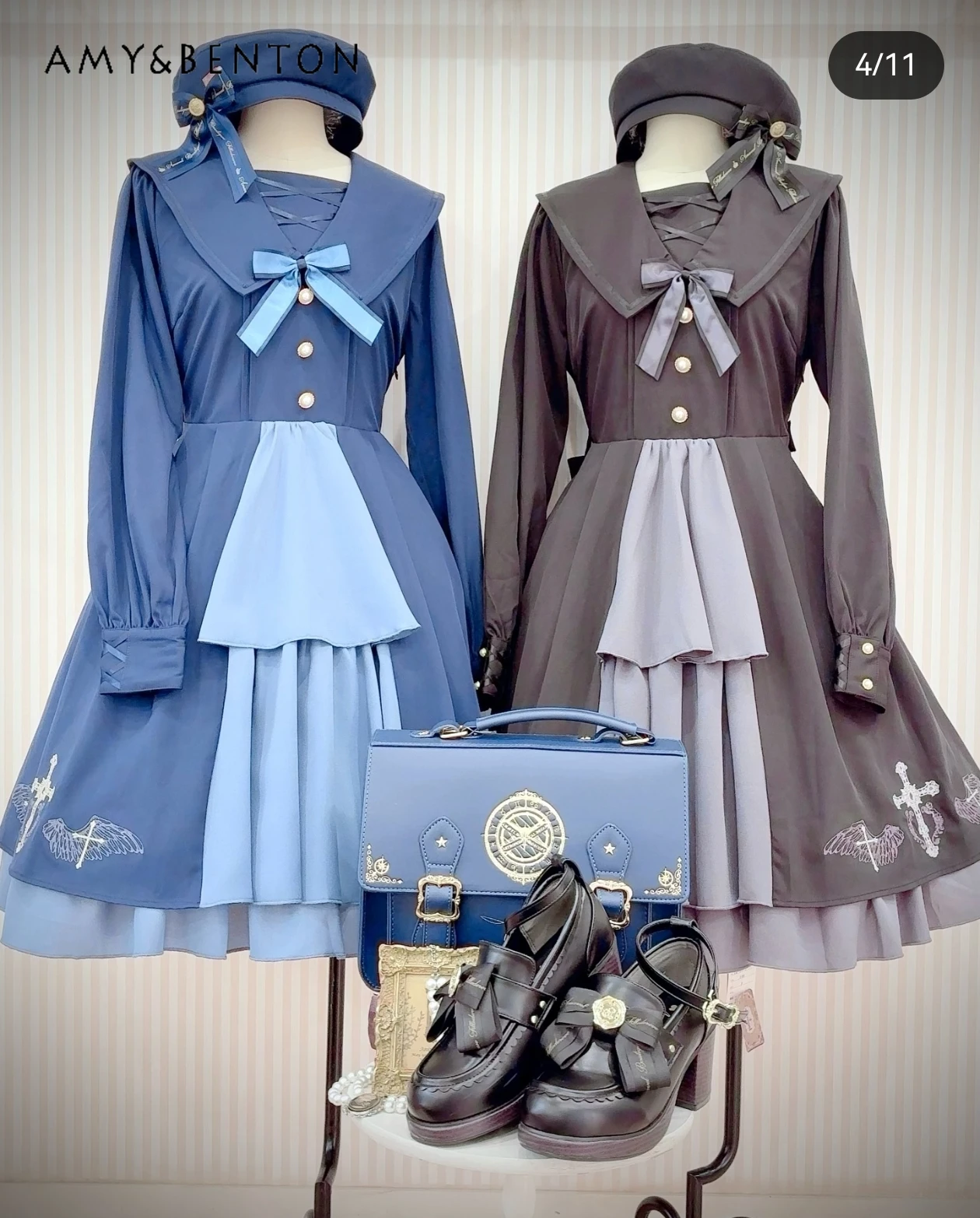 Japonês doce cruz bordado em camadas vestido de manga longa estilo universitário bonito gola marinha arco magro vestido de comprimento médio para mulher