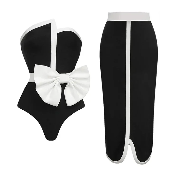 2024 Women Swimsuit Black Off Shoulder Bow Tie and Skirt Swimwear Set Vacation Beachwear Luxury Bathing Suit One Piece