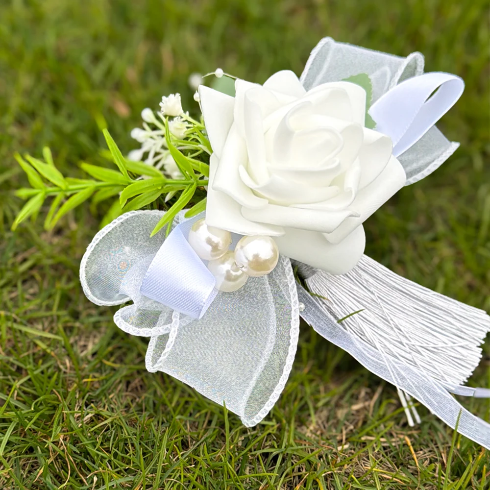White Rose Wedding Rearview Mirror Decor Flower, With Tulle Bow, Pearls, Tassels And Green Leaves,For Wedding Car ,Chair Decor view 6