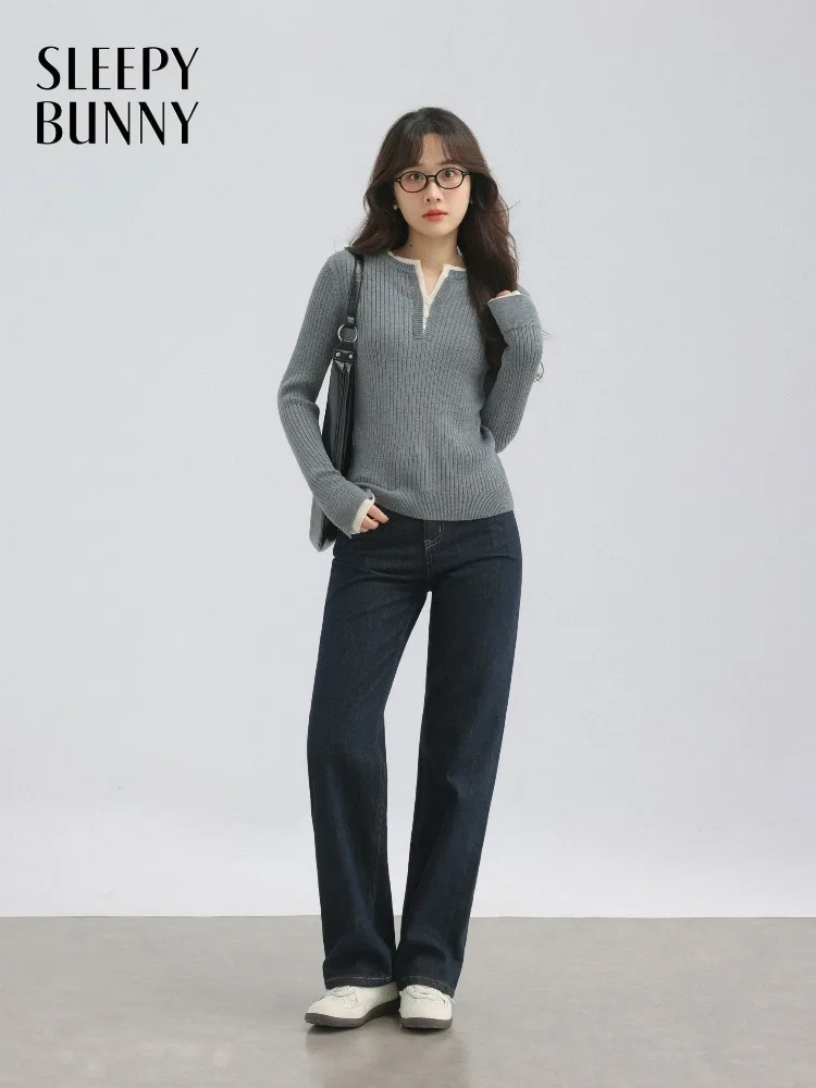 

Warm Straight Jeans High Waist Fleece Lined Denim Pants Casual Slim Winter Thickened Long Trousers with Contrast Stitch Detail