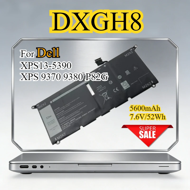 DXGH8 52Wh 7.6V Replacement Laptop Battery for Dell XPS13-5390 XPS 9370 9380 DXGH8 HK6N5 P82G 5600mAh High Quality Bateria