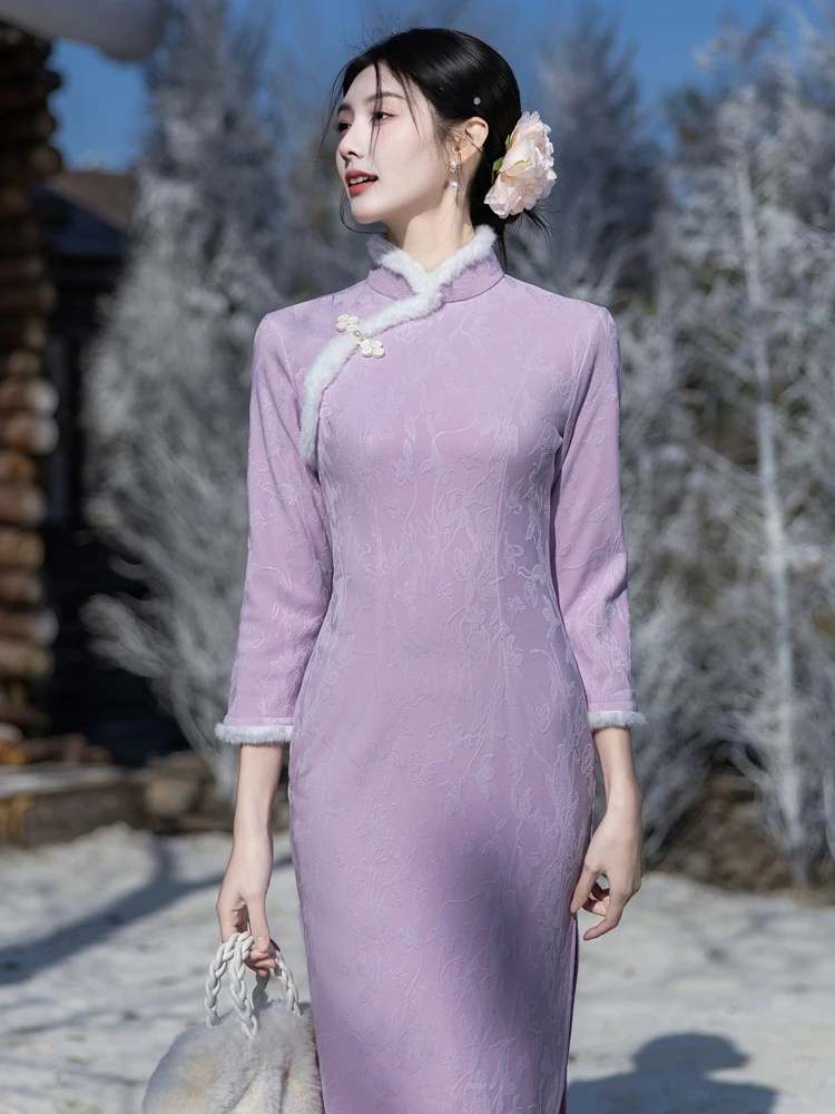 

Young Sle Fce Lined Winter Thiened Long Sve Traditional Chinese Dr High Slit Daily Wear Warmth Guaranteed