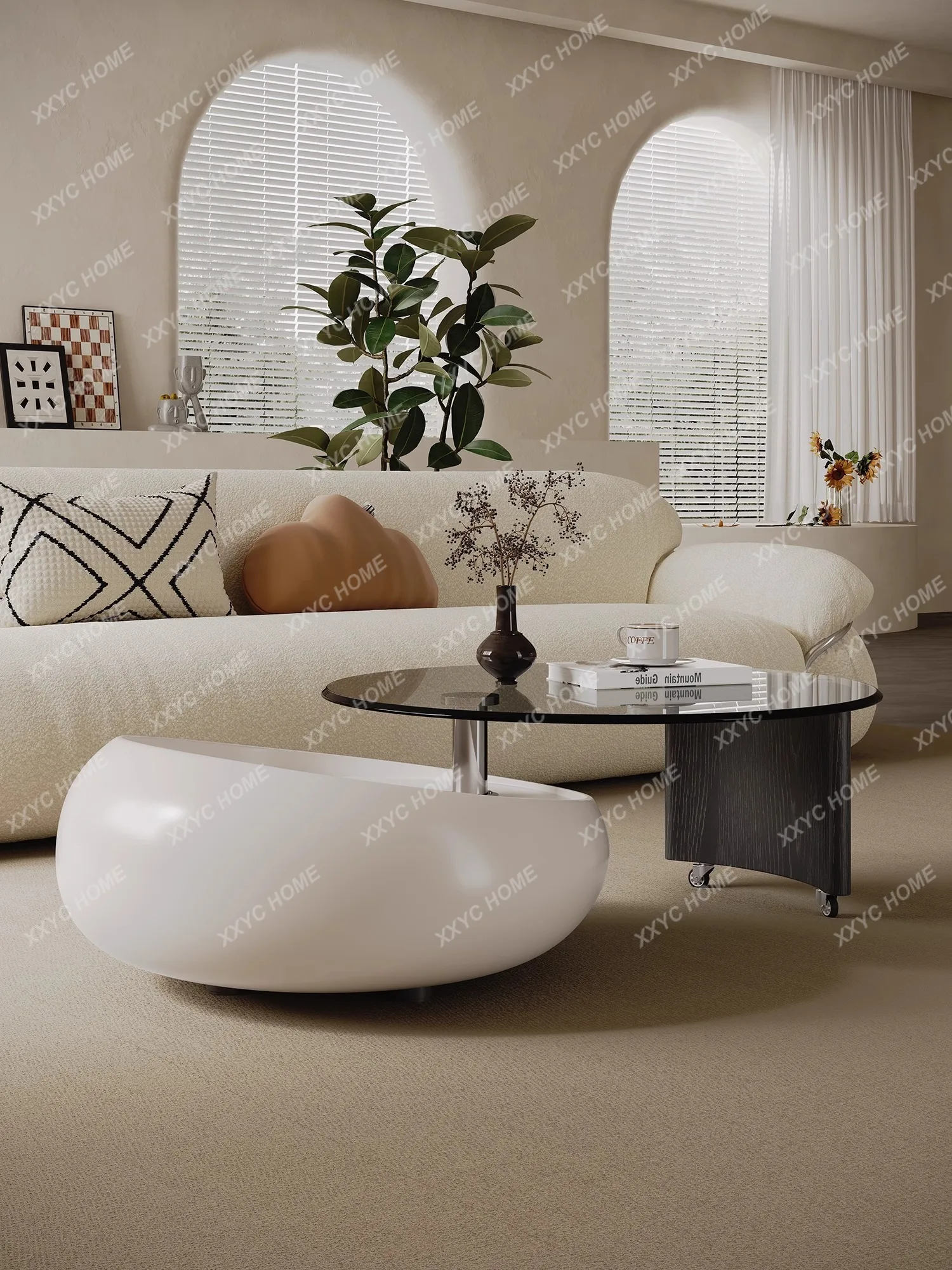 Designer Light Luxury High-Grade round Glass Tea Table Rotating Tea Table Cream Style Moving Wheels