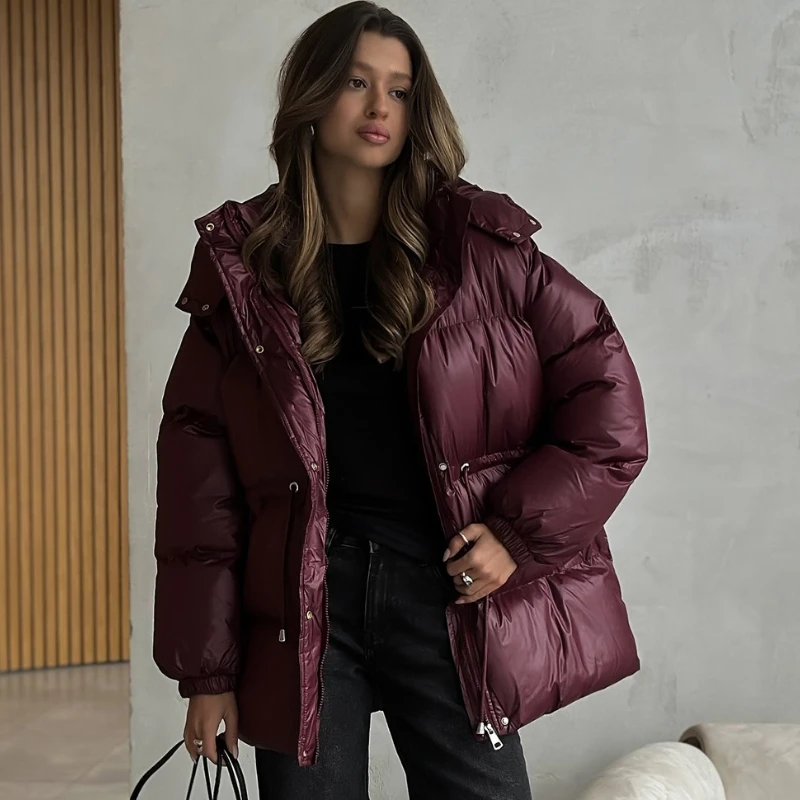 TARUXY Lace-Up Hooded Zipper Parkas Women's Fashion Long Sleeve Pocket Solid Bread Cotton Coat Winter New Warm Thickened Jacket