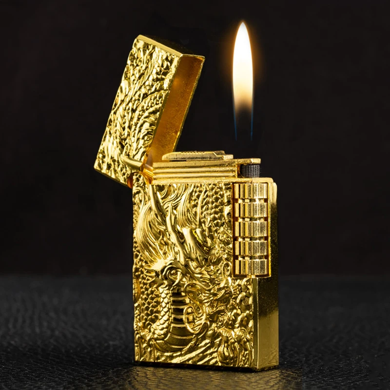Dragon Gas Lighter Grinding Jet Gas Flint Lighter Butane Metal Emboss PING Bright Sound Cigarette Cigar Lighter Inflated MenGift