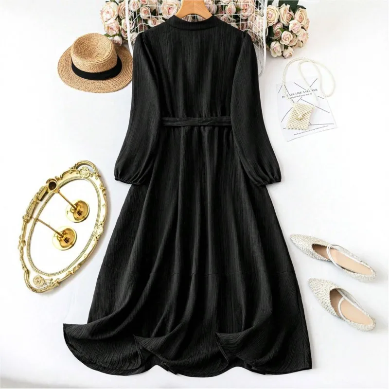 ボヘミアン風 レディース マキシ丈ワンピース 2025年新作 ブラック レースアップ ウエストマーク ロングスリーブ 上品でファッショナブルなプロムドレス 女性用 ローブ