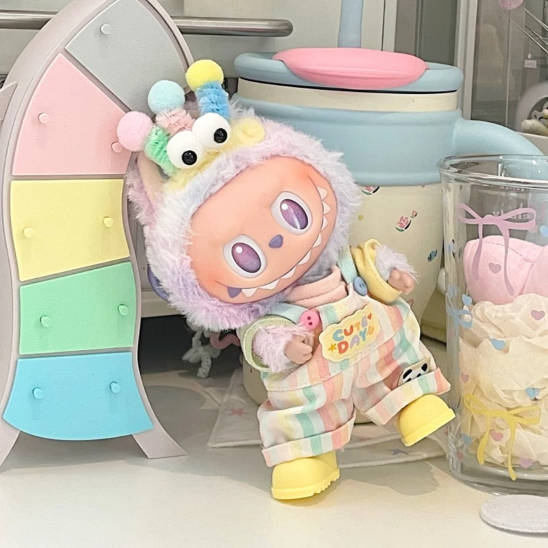 Suitable for Labubu V1 V2 V3 17cm Vinyl Dolls Clothes Headdress Tops Overalls Shoes Four-piece Set Trendy Cool Accessories Gifts