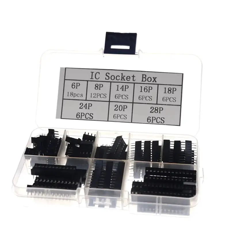 66PCS/lot With Box DIP IC Sockets Adaptor Solder Type Socket Kit 6 8 14 16 18 20 24 28 Pin DIP-6 DIP-8 DIP-14 IC Connector