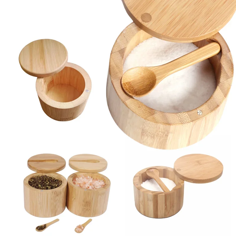 Salt Seasoning Jars Pepper Jar Bamboo Condiment Box Bowl Storage Pot Set Wood Sugar Container Holder Lid Function Multi Bowls