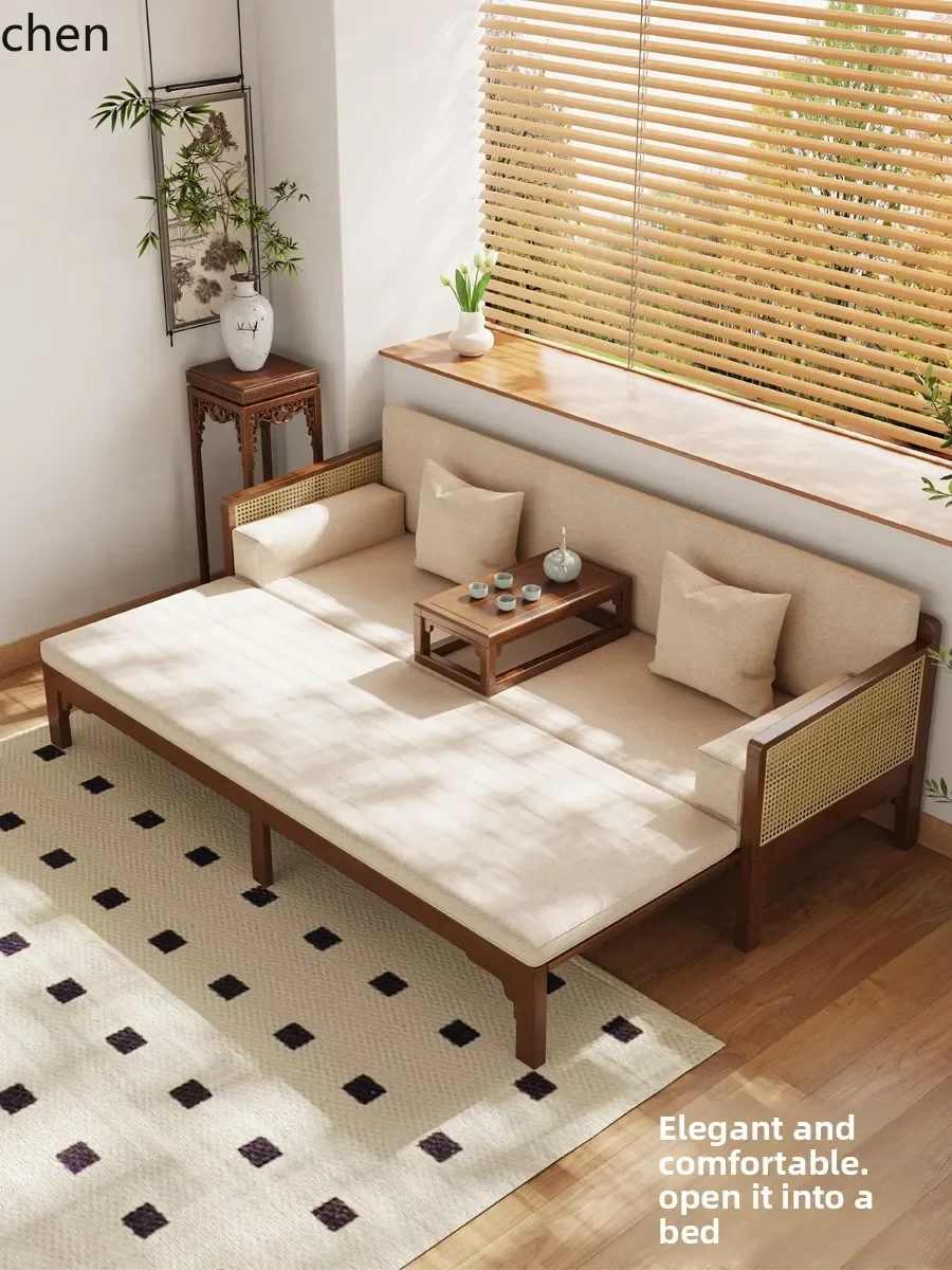 solid wood new Chinese living room small apartment modern simple rattan bed sofa bed dual-purpose Arhat bed