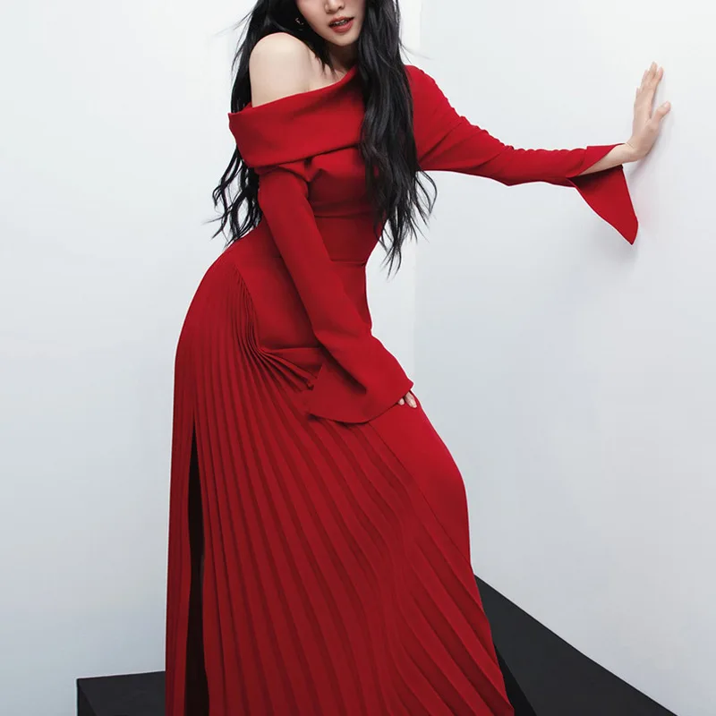 QMQA Fashion Women\'s Designer Dress Slash Neck Long Sleeve Pleated Slit High Waist Elegant Dresses 2025 Female Clothing 1A977