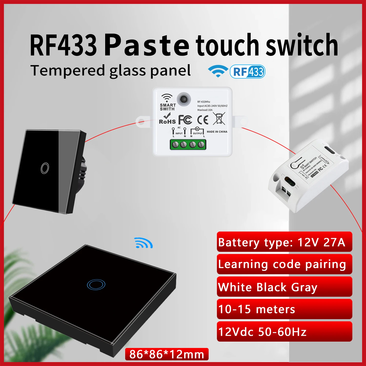 UBARO 433RF  Wireless Remote  Controller 86*86*12mm Tempered Crystal Glass Panel Only Learning Code Manuel Button 1/2/3Gang 10A