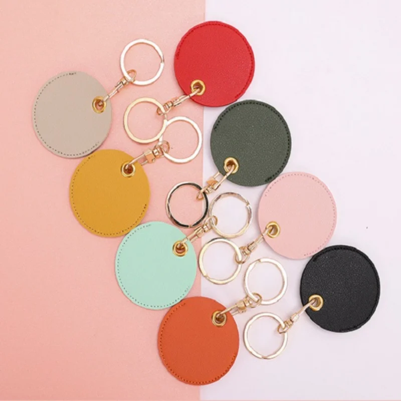 Cute Round Keychains Pendant Candy Colorful PU Leather IC Card Storage Key Chains for Women Couple Access Card Keyring Wholesale