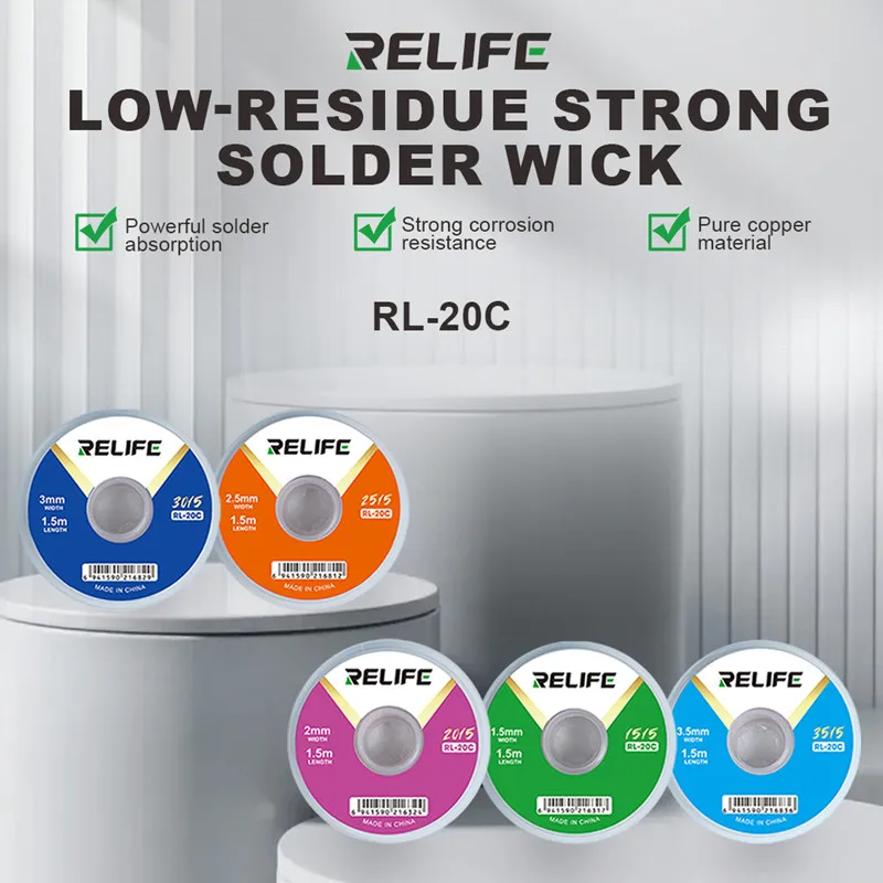 

RELIFE RL-20C 1.5/2/2.5/3/3.5mm Solder Wick for Mobile Phone Low-residue Copper Desoldering Braid Low Residue Tin Repair Tool