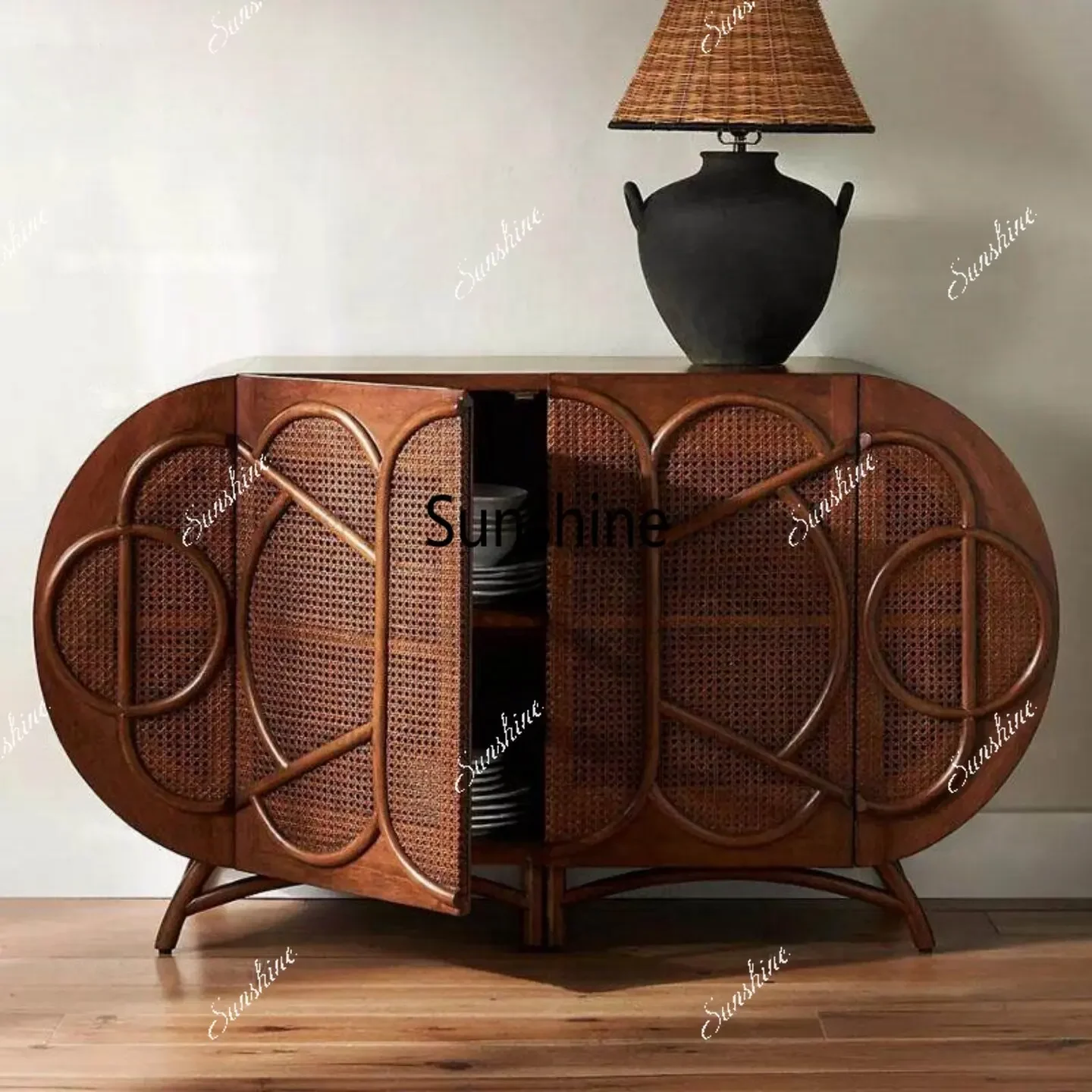 YAmerican retro solid wood entrance, creative design, living room, rattan storage cabinet