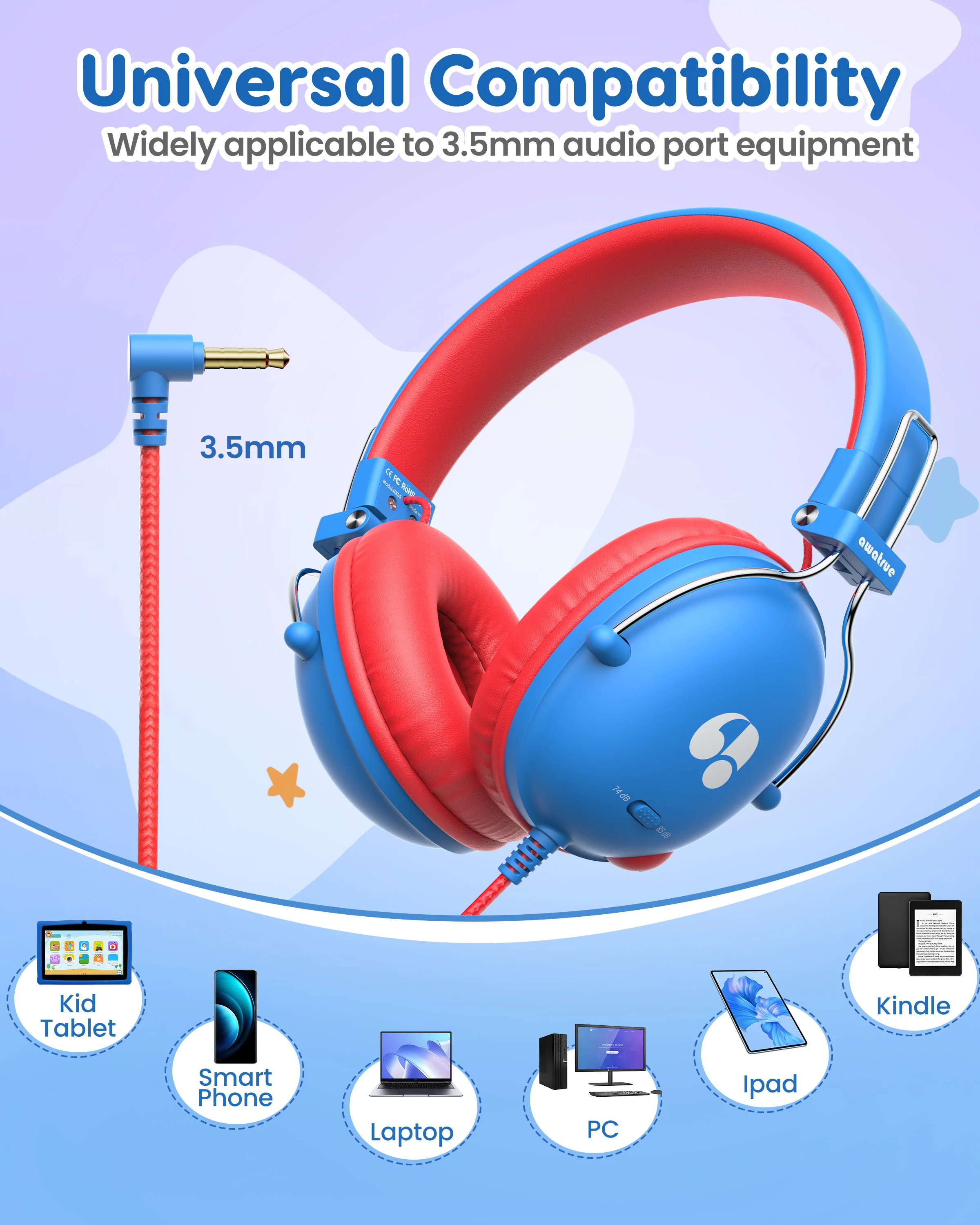 Awatrue Kids Headphones 74/85dB Safe Volume Limit Stereo Wired On-Ear Headphones for Kids Boys Girls 3.5mm Jack for Tablet, iPad