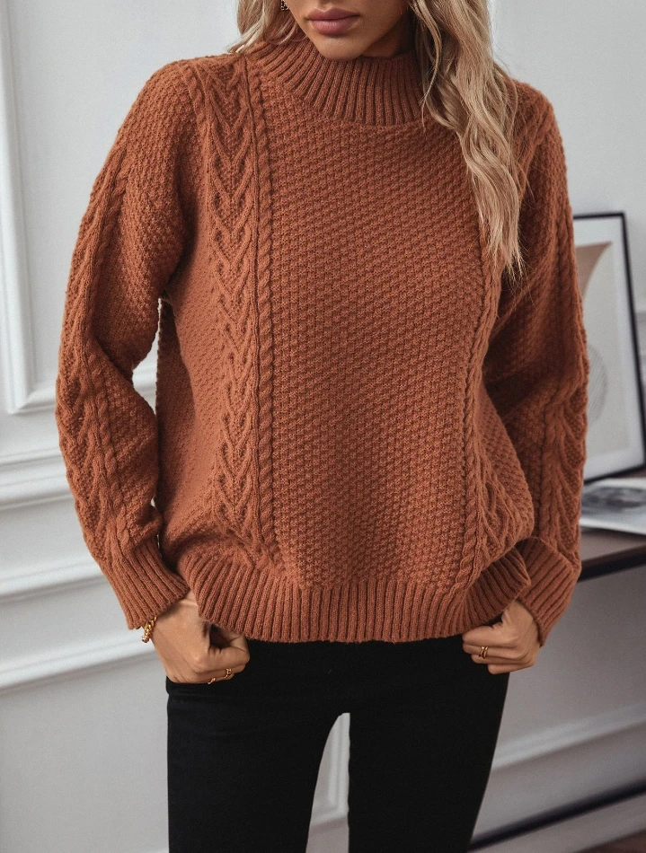 

Women's Sweater Casual Mock Neck Slit Hem Knitted Sweater Loose Fit Solid Color Long Sleeved Pullover Sweater Top