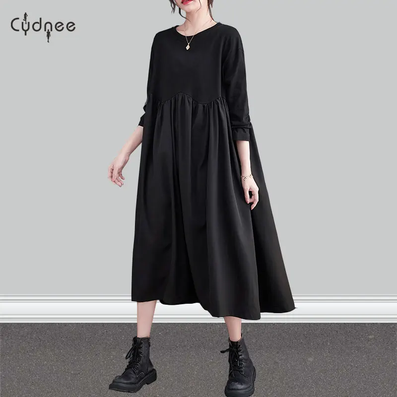 

Long-Sleeve Plain Midi A-Line Dress Solid Patchwork Wrap Dress Versatile Stylish Suitable For Casual Events Spring Autumn