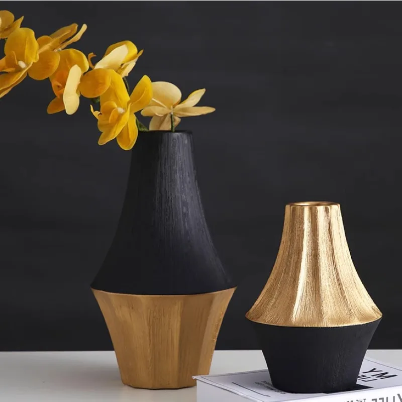 Light luxury handmade brushed black gold vase ceramic ornament flower arrangement device personalized and creative living room h