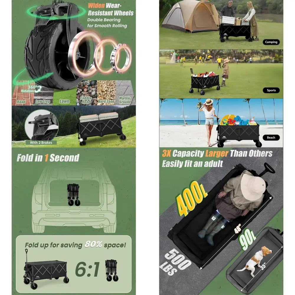 

Сверхпрочная складная тележка, вместимость 320 л, колеса для любой местности, идеально подходит для пляжа, кемпинга и садоводства, черная