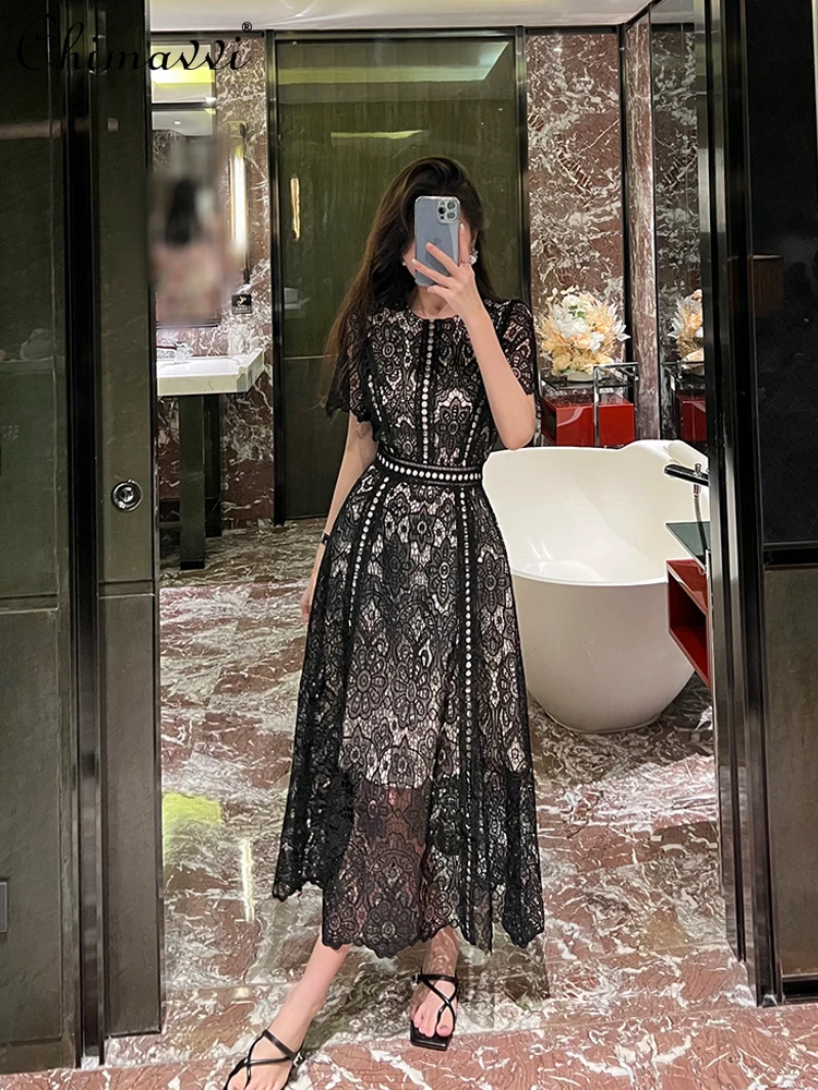 

High-End Fashion Crocheted Flower Pierced Black Lace Dress 2024 Summer New French High Waist Slimming Elegant Women's Dress