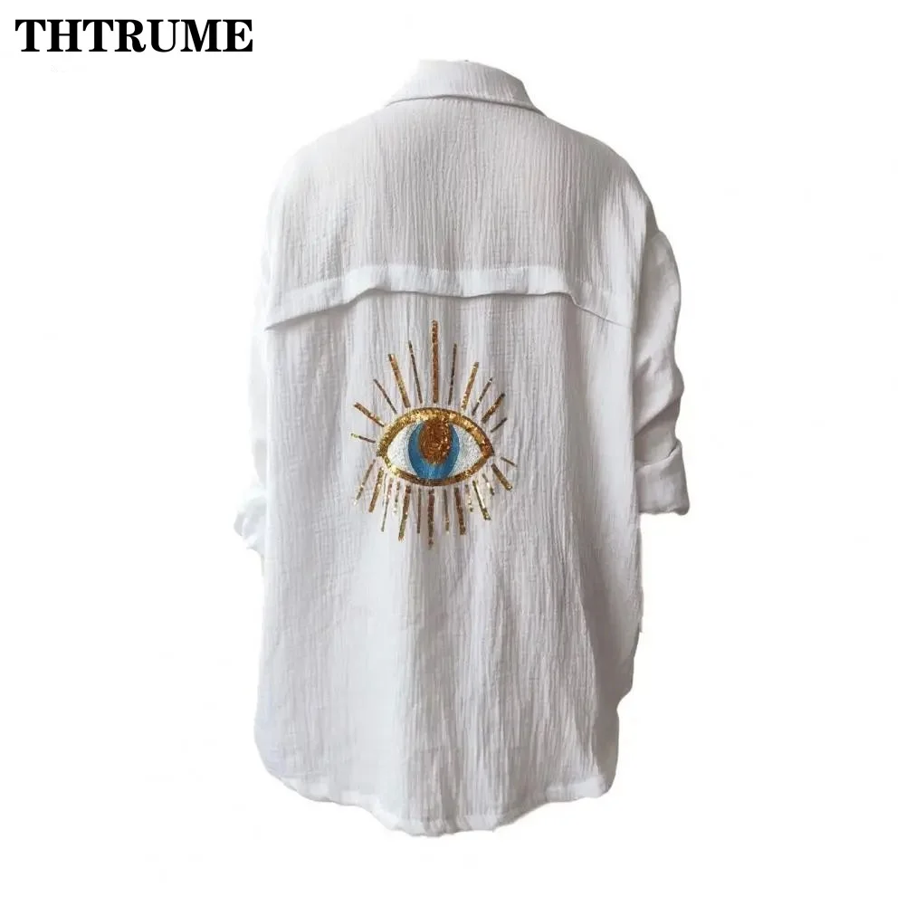 Casual Evil Eye Print Chic T-Shirts Holiday Beach Long Sleeve Loose Women Summer Tops Elegant Single Breasted Lapel New Blouses