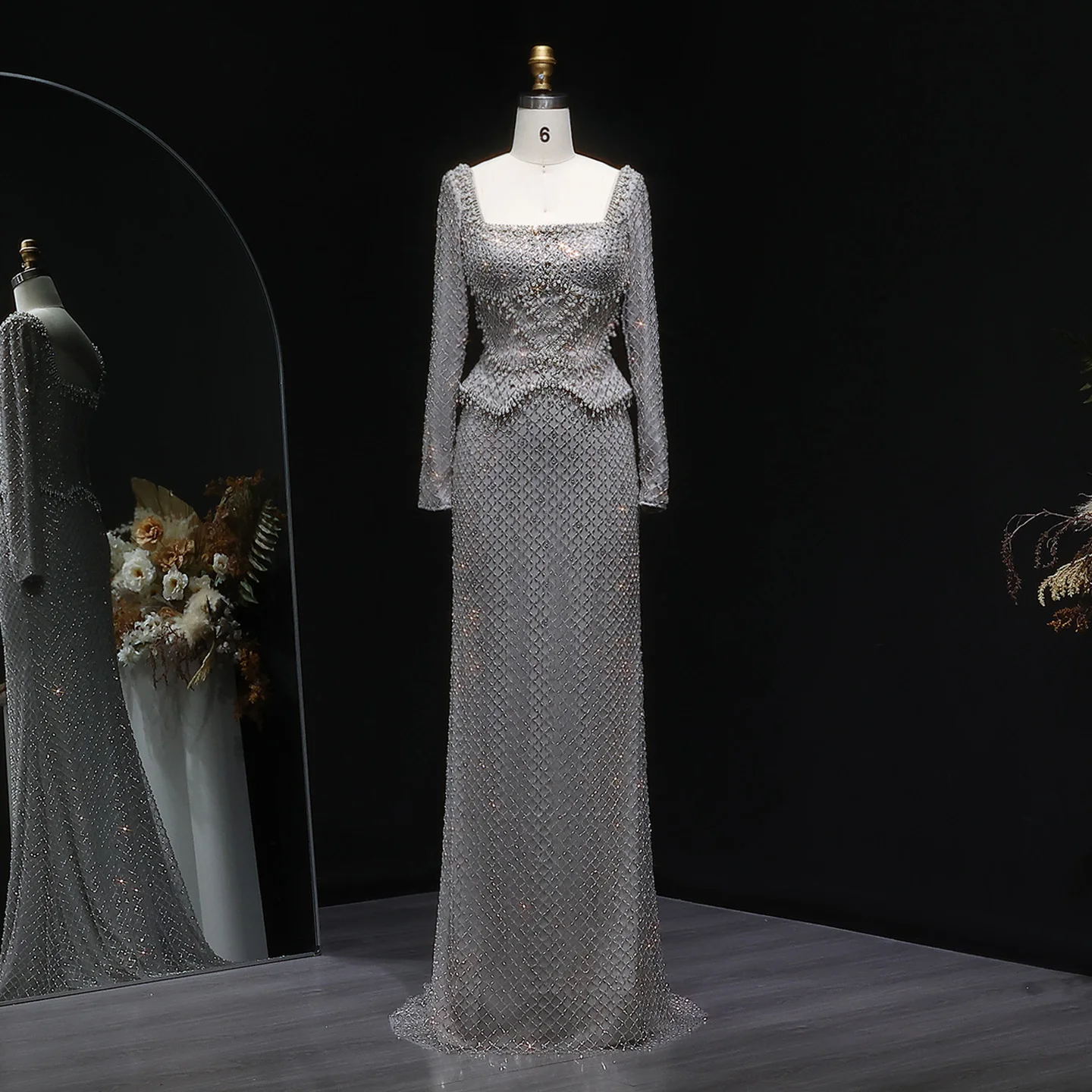 

Sharon Said Dubai Luxury Gray Two Pieces Evening Dress with Pearl and Crystal for Women Wedding Party Prom Gown SS633 Customized