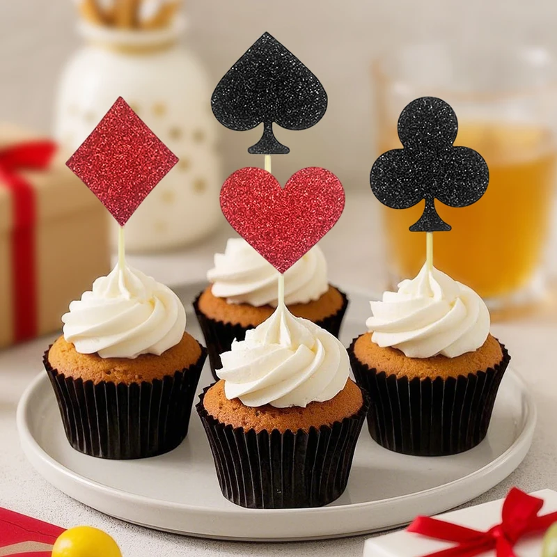 YOMDID 24 Stück Cupcake-Topper für Poker und Nacht, Liebesherz, quadratisch, Club-Cupcake-Picks, Geburtstagskuchen-Dekorationen, Poker-Party-Dekoration