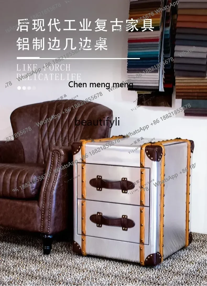 New arrive  American retro old leather box antique corner few metal bedside table aluminum leather cigar bar coffee table