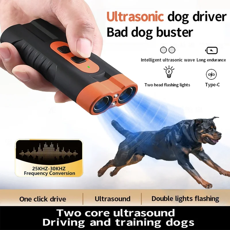 

2025 Dual Head Ultrasonic Dog Repeller USB Rechargeable Dog Training Device High-Power Anti Bark Device with LED Flashlight