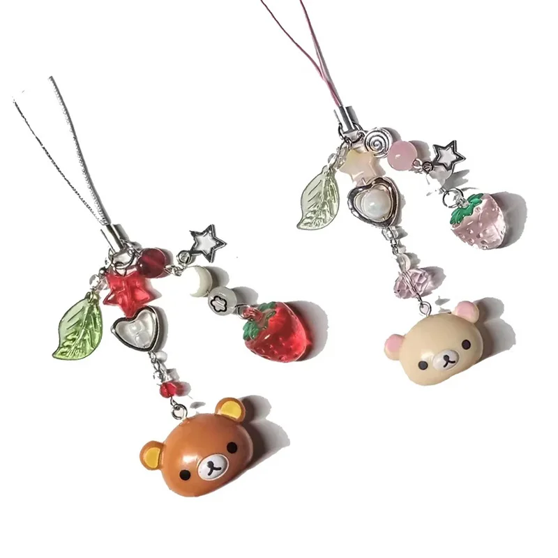 Korean Cute Strawberry Bear Heart Beaded Phone Chain Charm Lanyard For iPhone Samsung Universal Anti-Loss Hanging Rope Jewelry