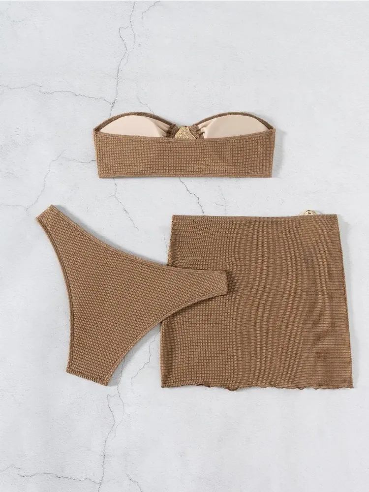 Damski 3-częściowy zestaw bikini, seksowny bandeau push-up, spódniczka z siateczki, kawa, metalowe ozdoby w kształcie kropli, strój kąpielowy plażowy, nowy tankini 2025