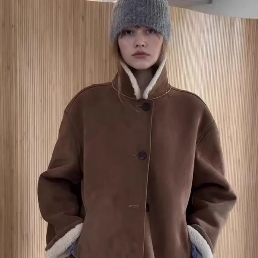 Warmth Inteated Suede Mustang Jaet Classic Collar Women's Outerwear Korean Sle Loose Fit Long Sve Button Closure